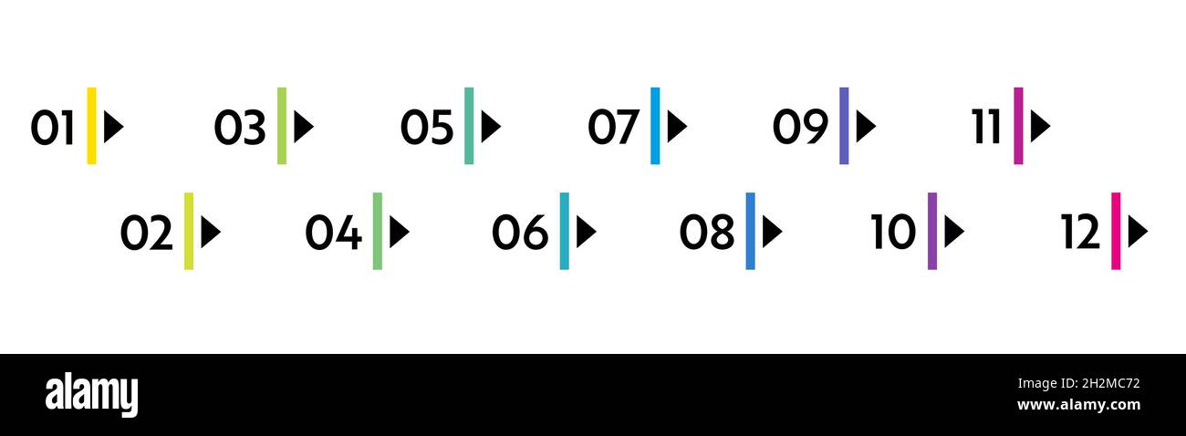 Numeri puntati. Marcatori elenco colorati da 1 a 12. Elementi di progettazione vettoriale per infografica moderna. Illustrazione Vettoriale