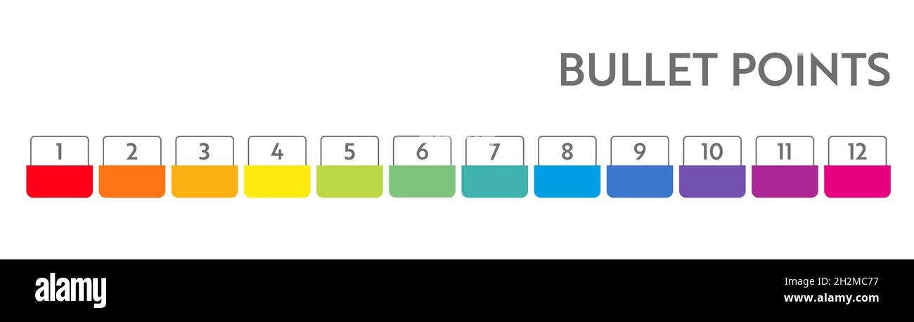 Numeri puntati. Marcatori elenco colorati da 1 a 12. Elementi di progettazione vettoriale per infografica moderna. Illustrazione Vettoriale