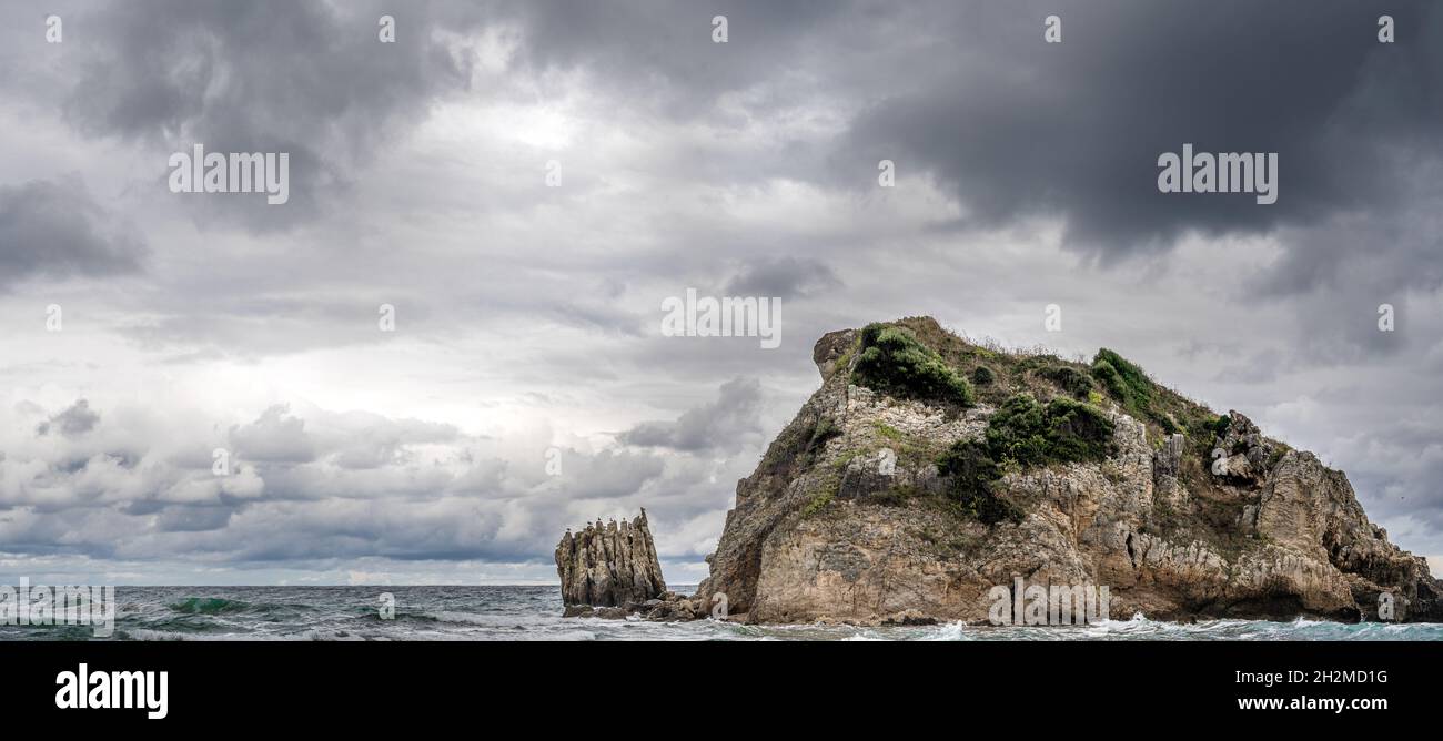 Formazione rocciosa sulla spiaggia di Peacock. Onde di mare che si infrangono sulla pietra in riva al mare in inverno, coste rocciose con acqua bianca che rotola intorno alle rocce. Onde di mare Foto Stock