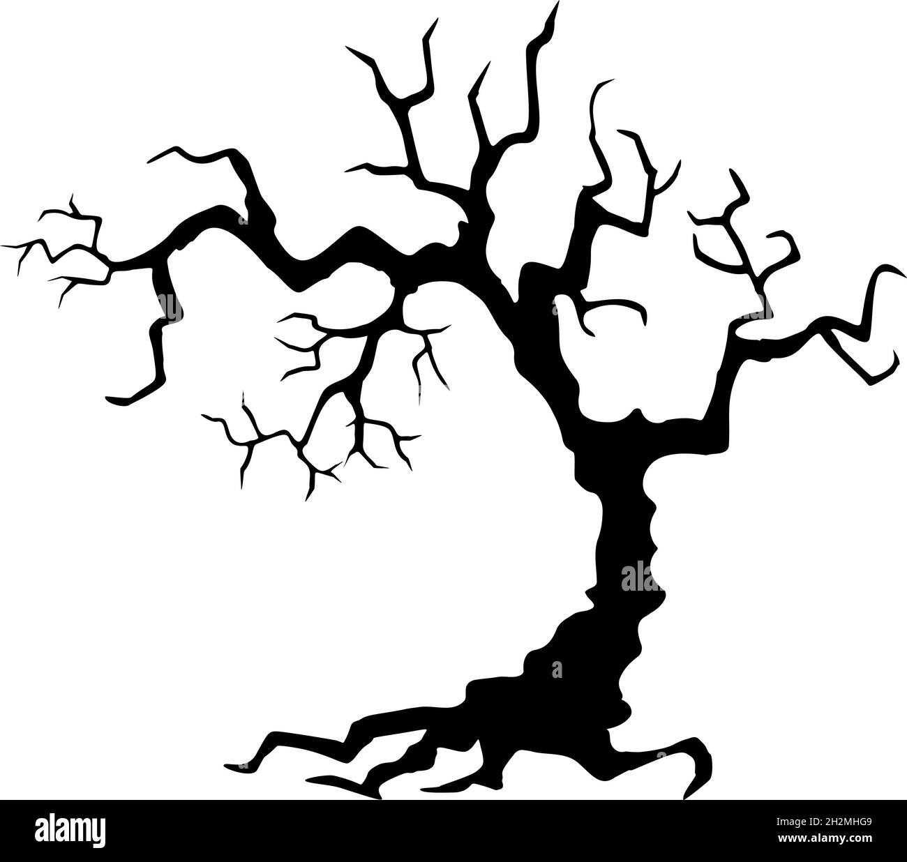 Silhouette nera di un albero secco gbarled su sfondo bianco. Illustrazione Vettoriale