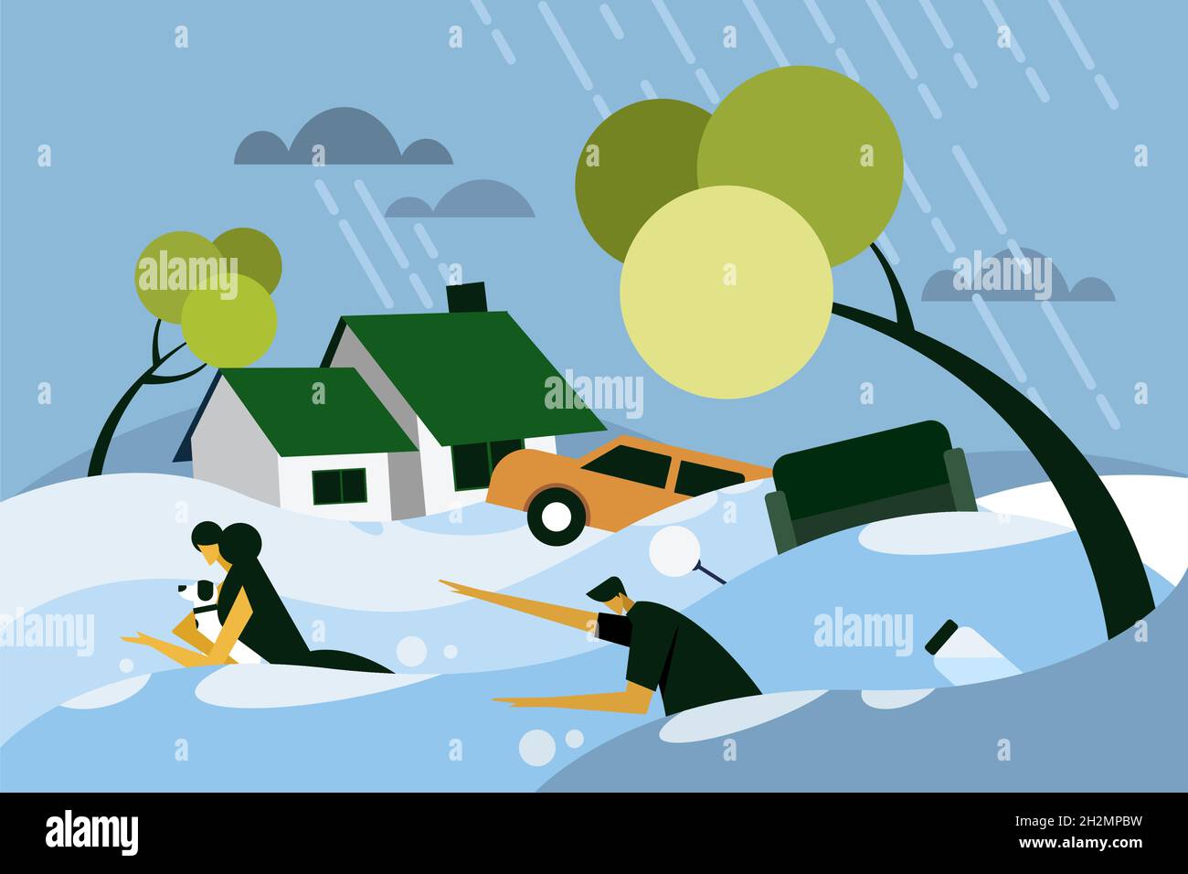 Persone in panico che fuggono dalla situazione di alluvione Illustrazione Vettoriale