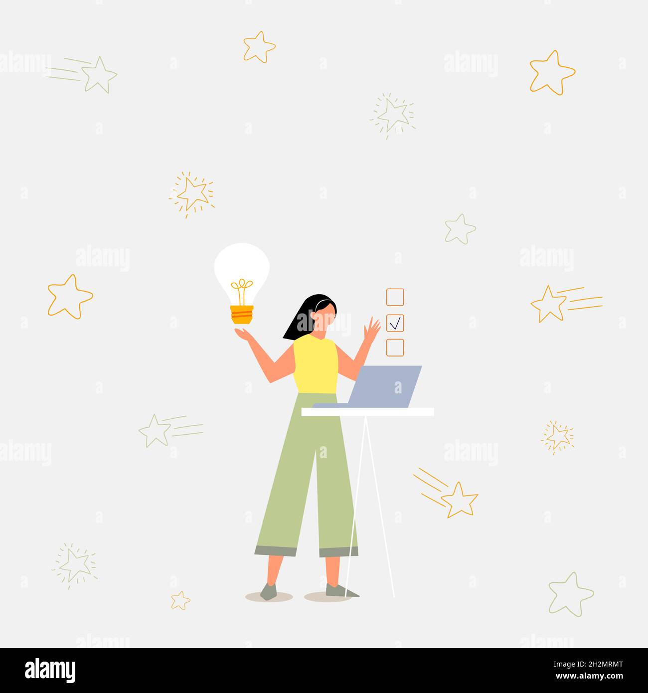 Illustrazione della ragazza che usa il laptop che ha nuove idee sorprendenti e che fa una checklist. Lady disegno di lavoro su minicomputer raccogliere Vecchio obiettivo fare Illustrazione Vettoriale