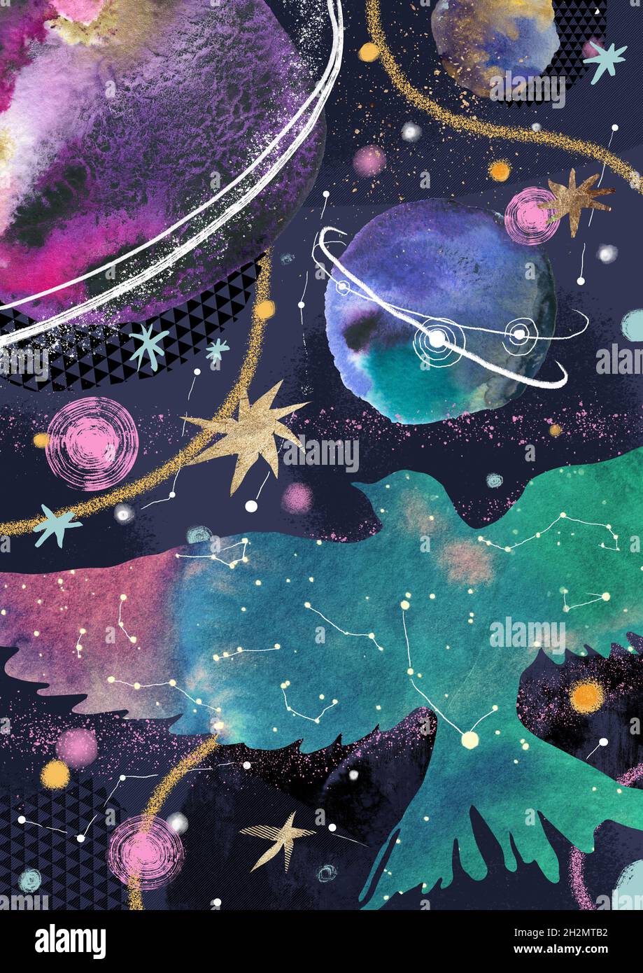 Illustrazione acquerello con uccello cosmico, stelle e pianeti. Poster artistico in formato a3. Composizione di elementi disegnati a mano. Foto Stock