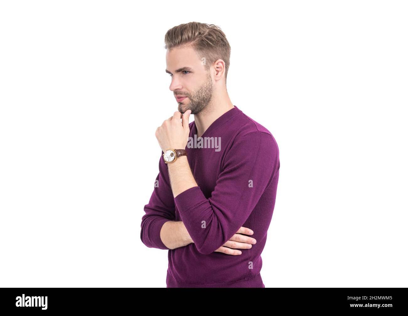 Il barbiere è tornato. L'uomo bello tocca il mento non rasato. Barbiere. Cura del corpo maschile. Barbiere Foto Stock