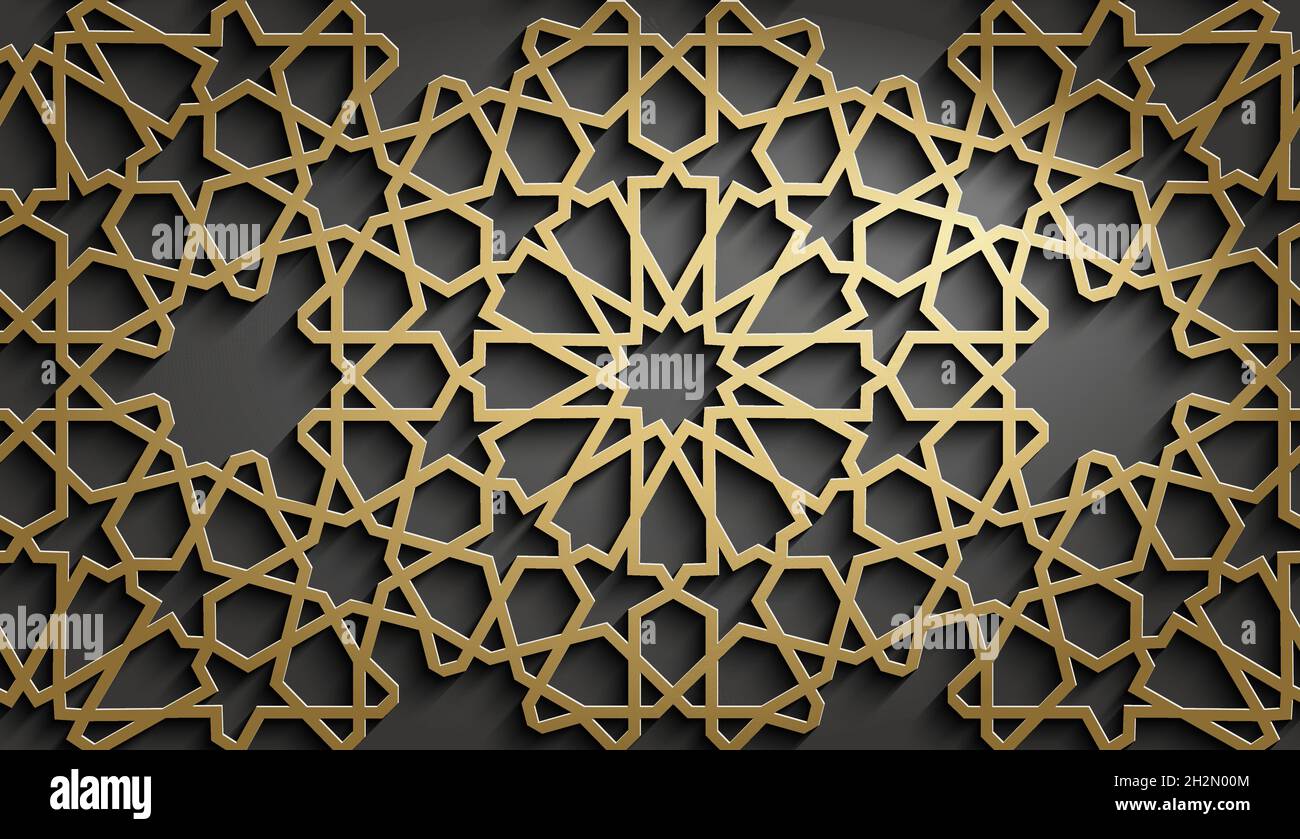 Modello islamico in oro su sfondo nero. Vettore ornamento islamico, motivo persiano. Illustrazione Vettoriale