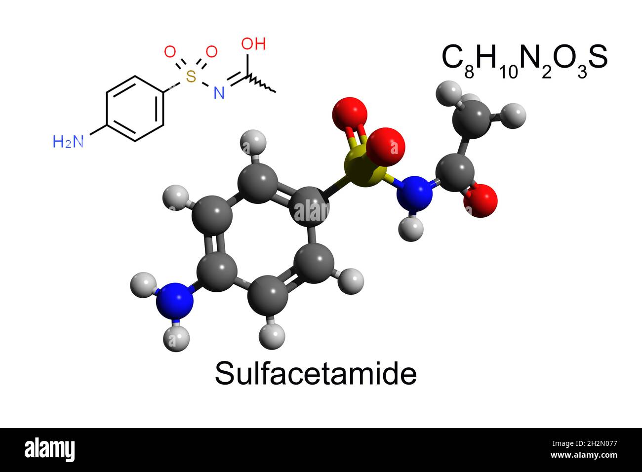 Formula chimica, formula strutturale e modello 3D a sfera e bastone di una sulfacetamide batteriostatica, fondo bianco Foto Stock