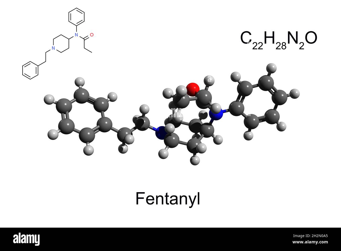 Formula chimica, formula scheletrica e modello 3D a sfera e bastone di potente fentanil oppioide, fondo bianco Foto Stock