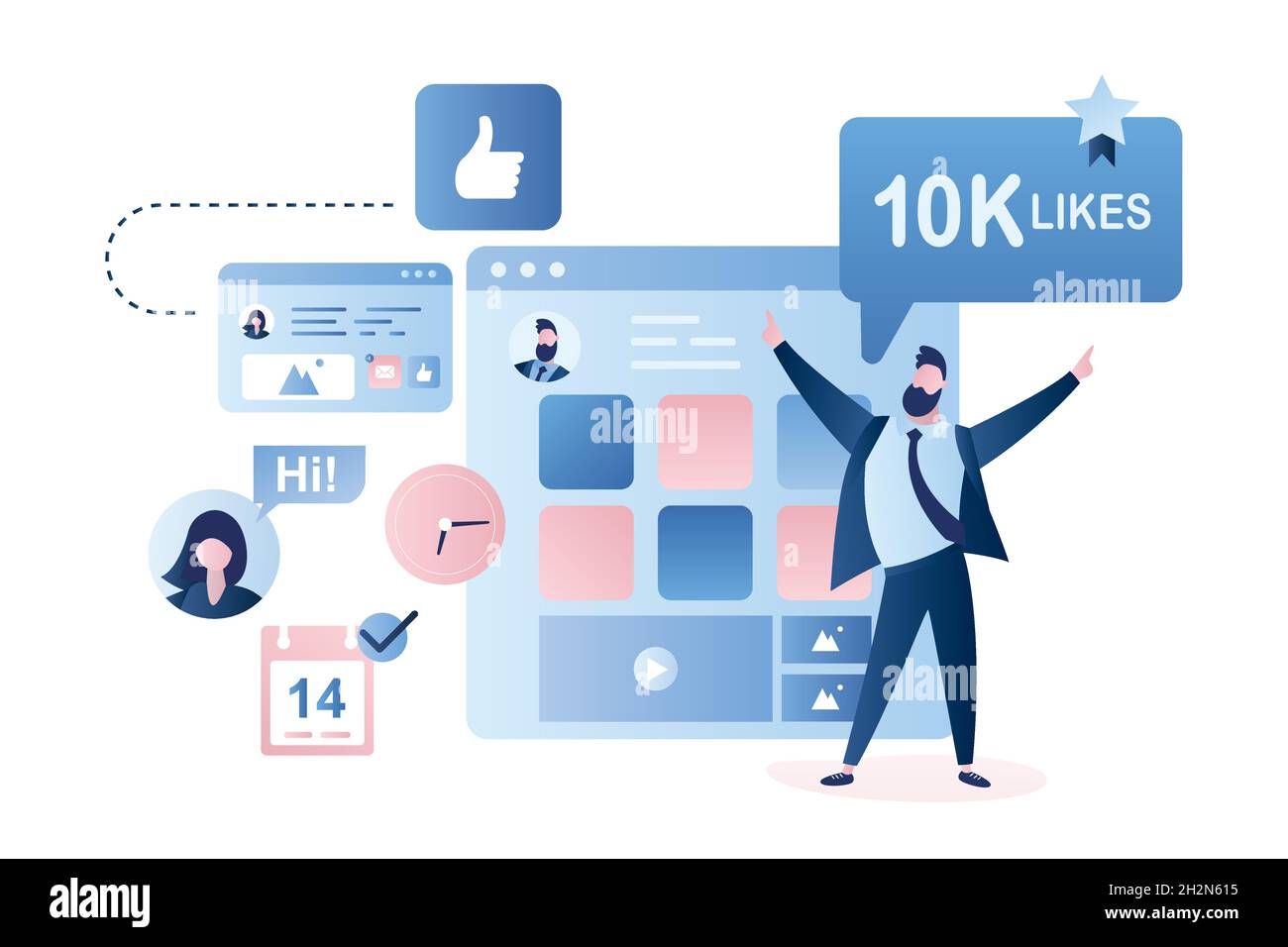 Seguaci dà come segno e molto felice uomo d'affari con 10 mila piace. Personaggi maschi in stile trendy, social netwotk pagina web sullo sfondo, vec Illustrazione Vettoriale