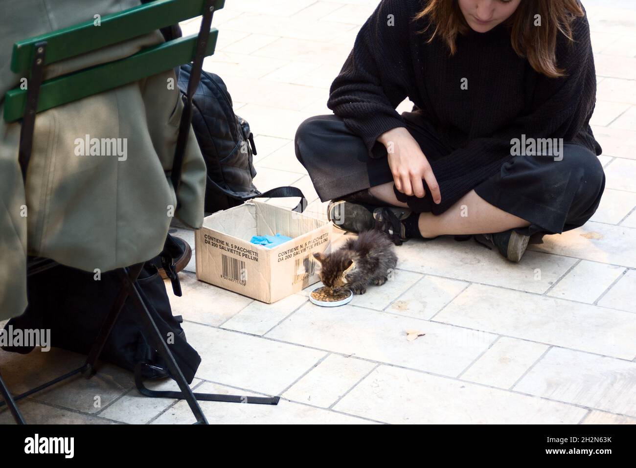 L'adolescente nutre gattino per strada Foto Stock