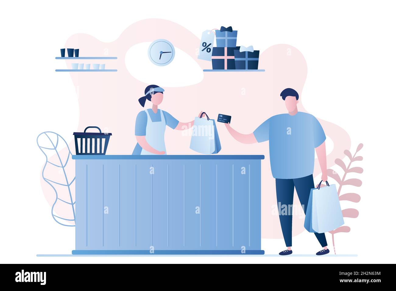 Compratore maschio e venditore femminile in un negozio, pagamento con carta, uomo carattere con shopping borse in mano, regali con vendita etichetta, venditore ragazzo dietro il bancone Illustrazione Vettoriale