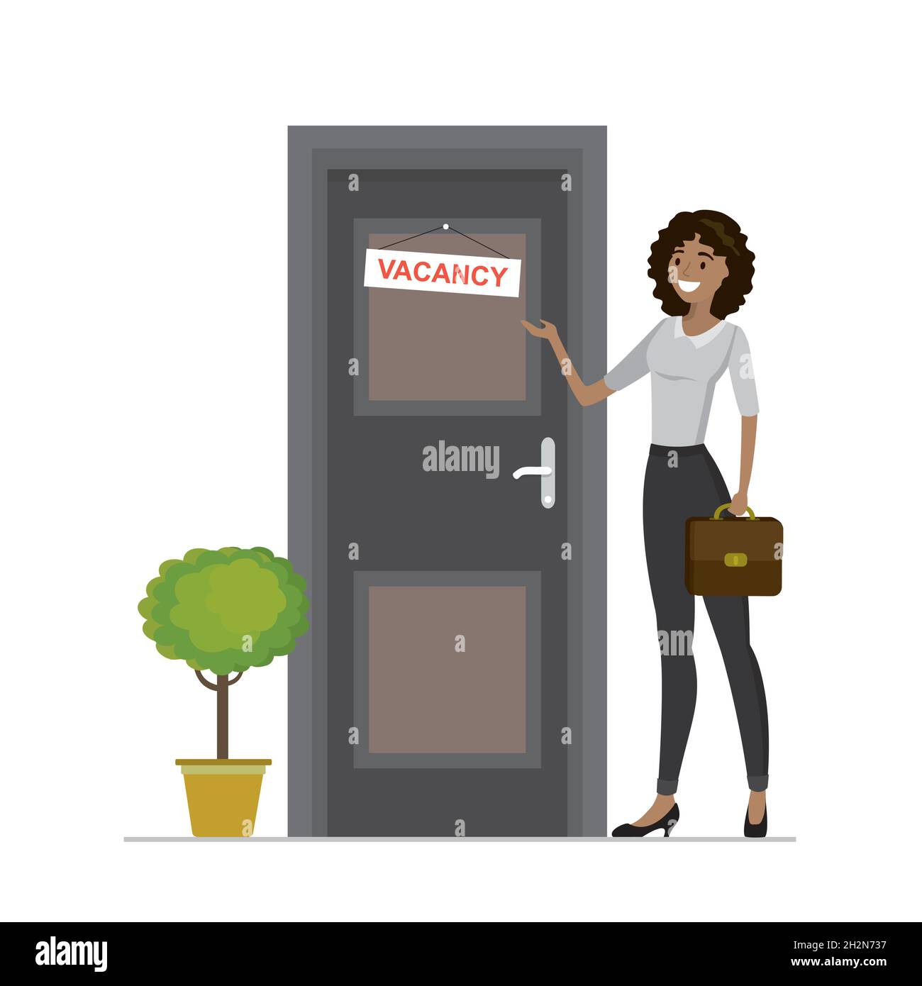 Cartoon african american businesswoman near door with sign-vacancy, varie mani con CV curriculum, intervista candidato, moda femminile e porta in offic Illustrazione Vettoriale