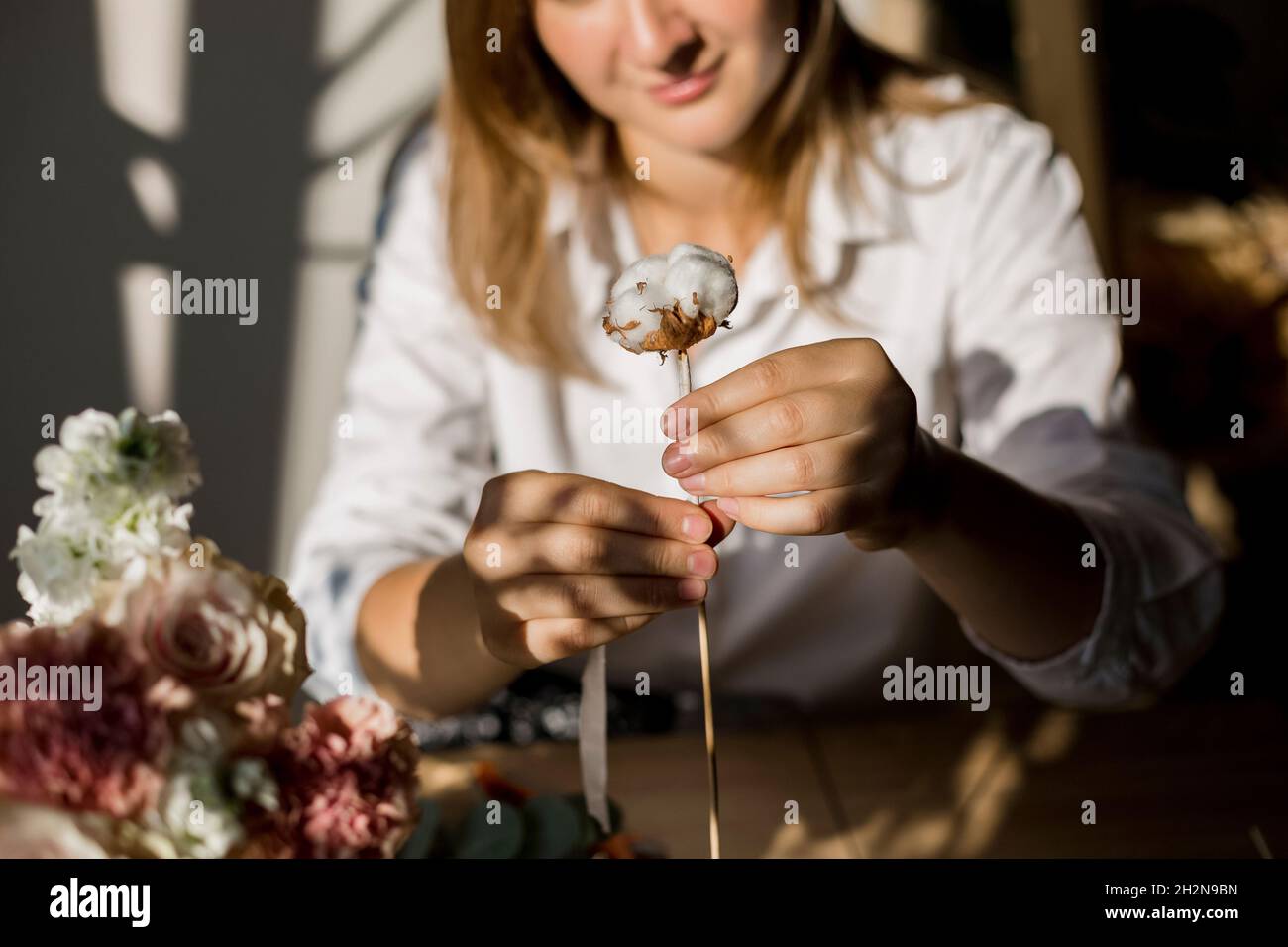 Giovane donna che esamina la pianta del cotone a casa Foto Stock