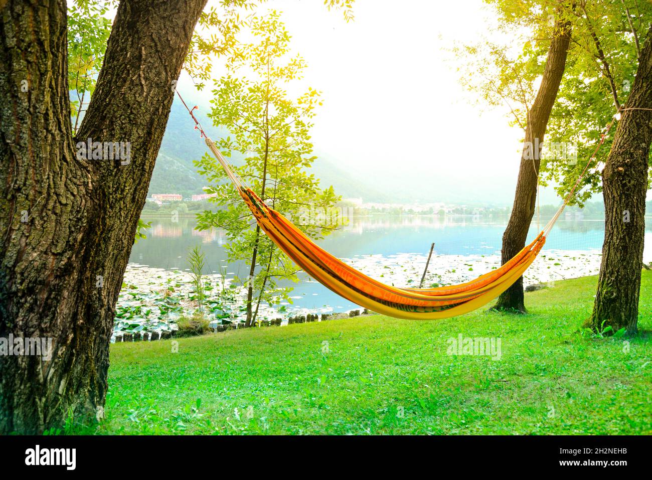 amaca d'arancia legata agli alberi presso il lago per rilassarsi Foto Stock