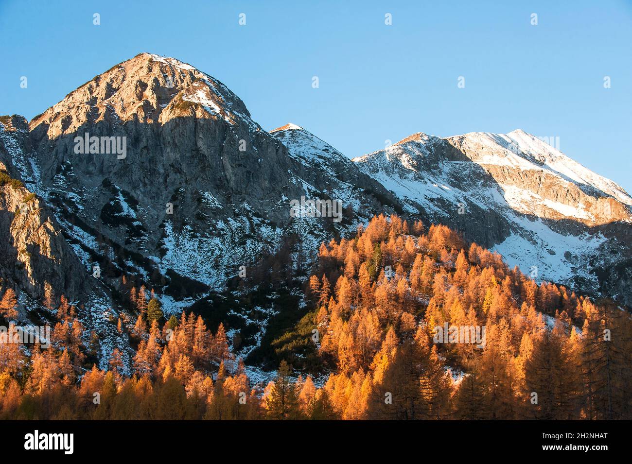 Nuvole grigie sulla fitta nebbia delle Alpi Ennstal al crepuscolo Foto Stock