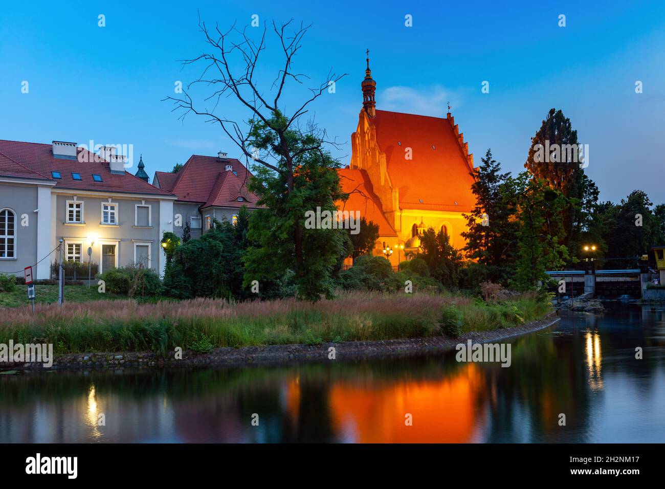 Panorama della cattedrale gotica di Brick Bydgoszcz con riflessi nel fiume Brda di notte, Bydgoszcz, Polonia Foto Stock