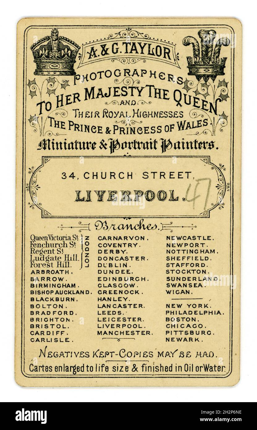 Reverse of Original Victorian CDV from studio of A. & G. Taylor, 34 Church St. Liverpool, circa 1885 Foto Stock