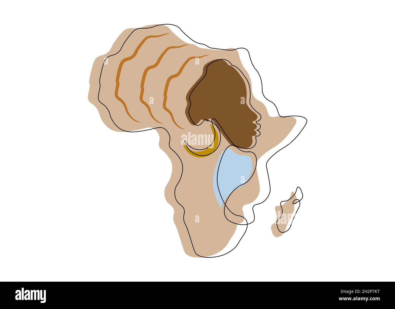 Black African Woman in linea stile d'arte, linea continua disegno di Afro donna e continente africano mappa. Simbolo colorato con l'icona del tatuaggio Vector linework Illustrazione Vettoriale