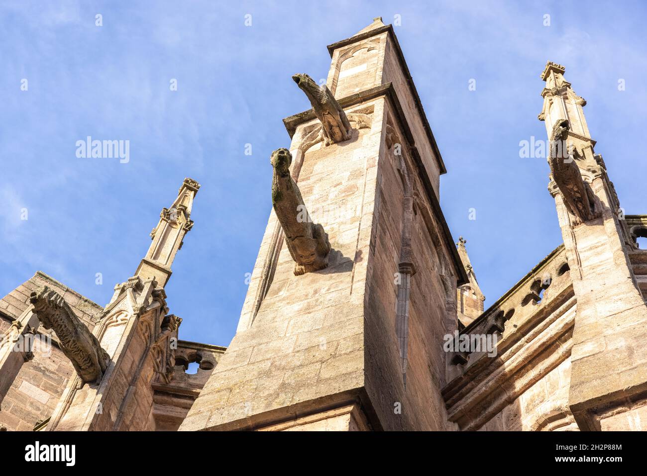 Gargoyles sulla chevet, Cattedrale di Notre Dame, Rodez, Aveyron, Occitaine, Francia Foto Stock