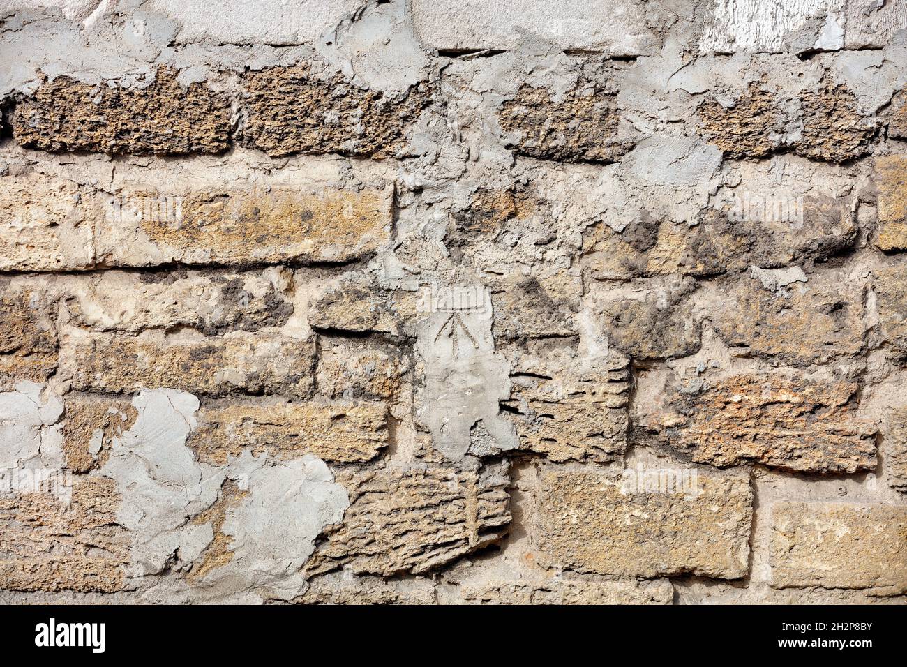 Frammento di una vecchia parete di roccia del guscio colorato con Malta di cemento. Diversi mattoni di guscio sono disposti orizzontalmente. Foto Stock