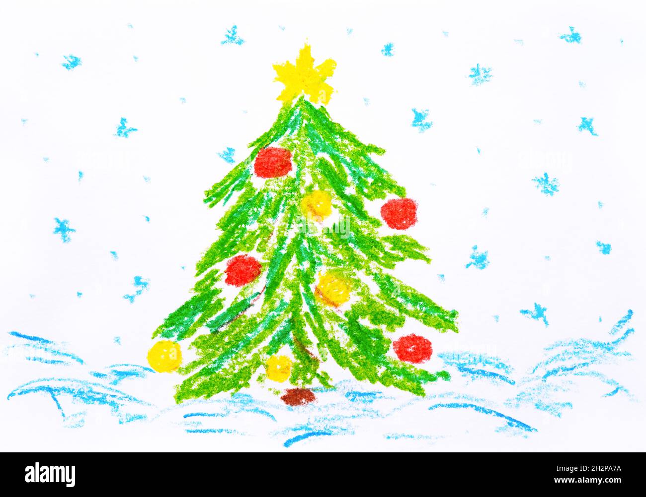 Decorato albero di Natale in neve. Disegno a mano da pastelli ad olio Foto  stock - Alamy