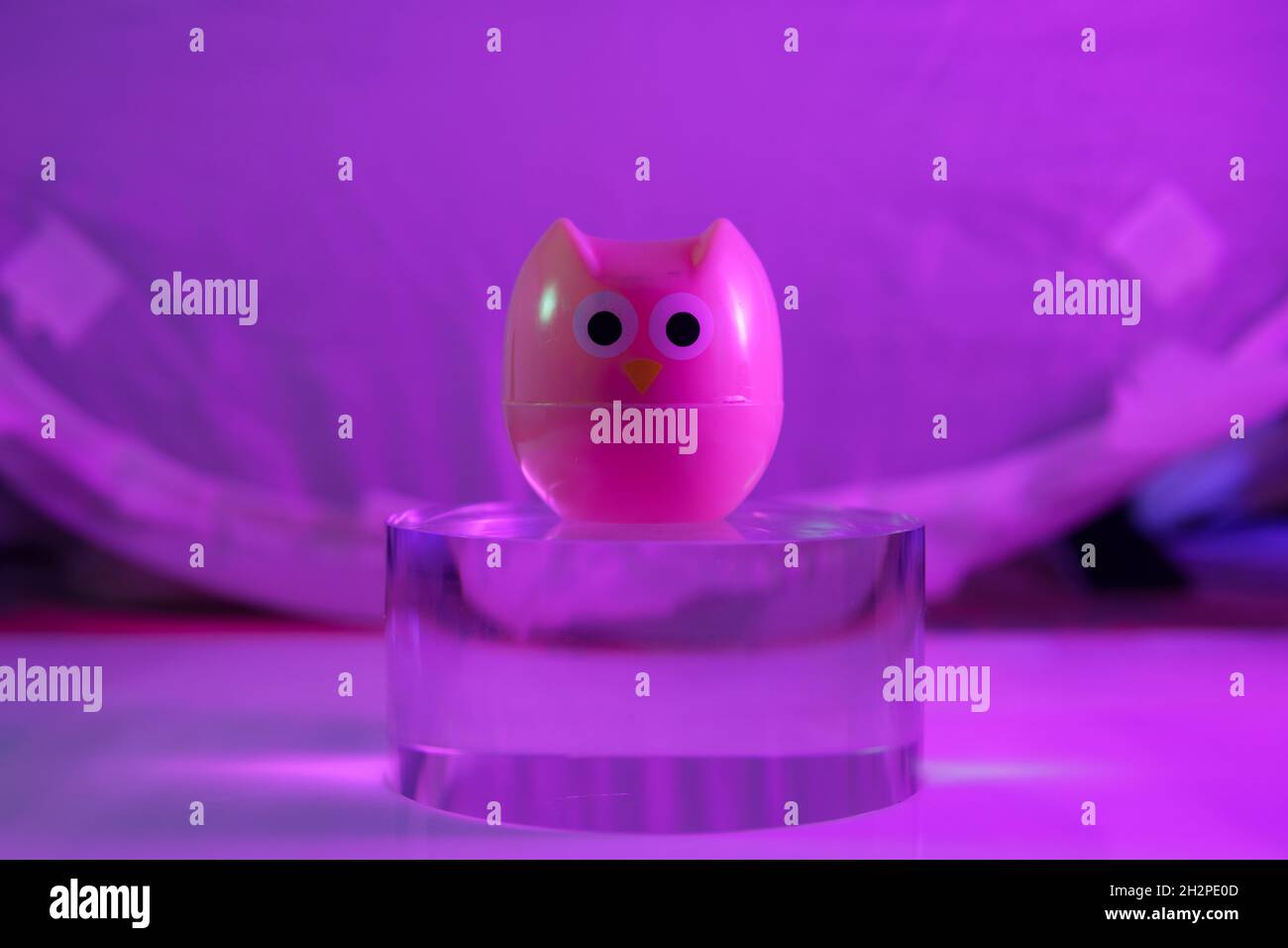 il giocattolo del gufo di plastica sul cilindro di vetro lo sfondo del colore Foto Stock