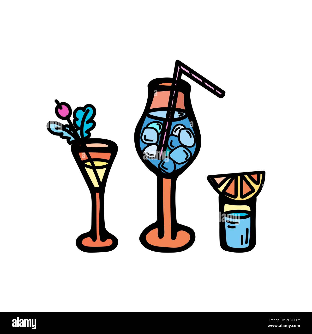 Set di illustrazioni vettoriali a colori di bicchieri di cocktail con tubule, bacche e arancio. Set di barre per lettere. Illustrazione Vettoriale
