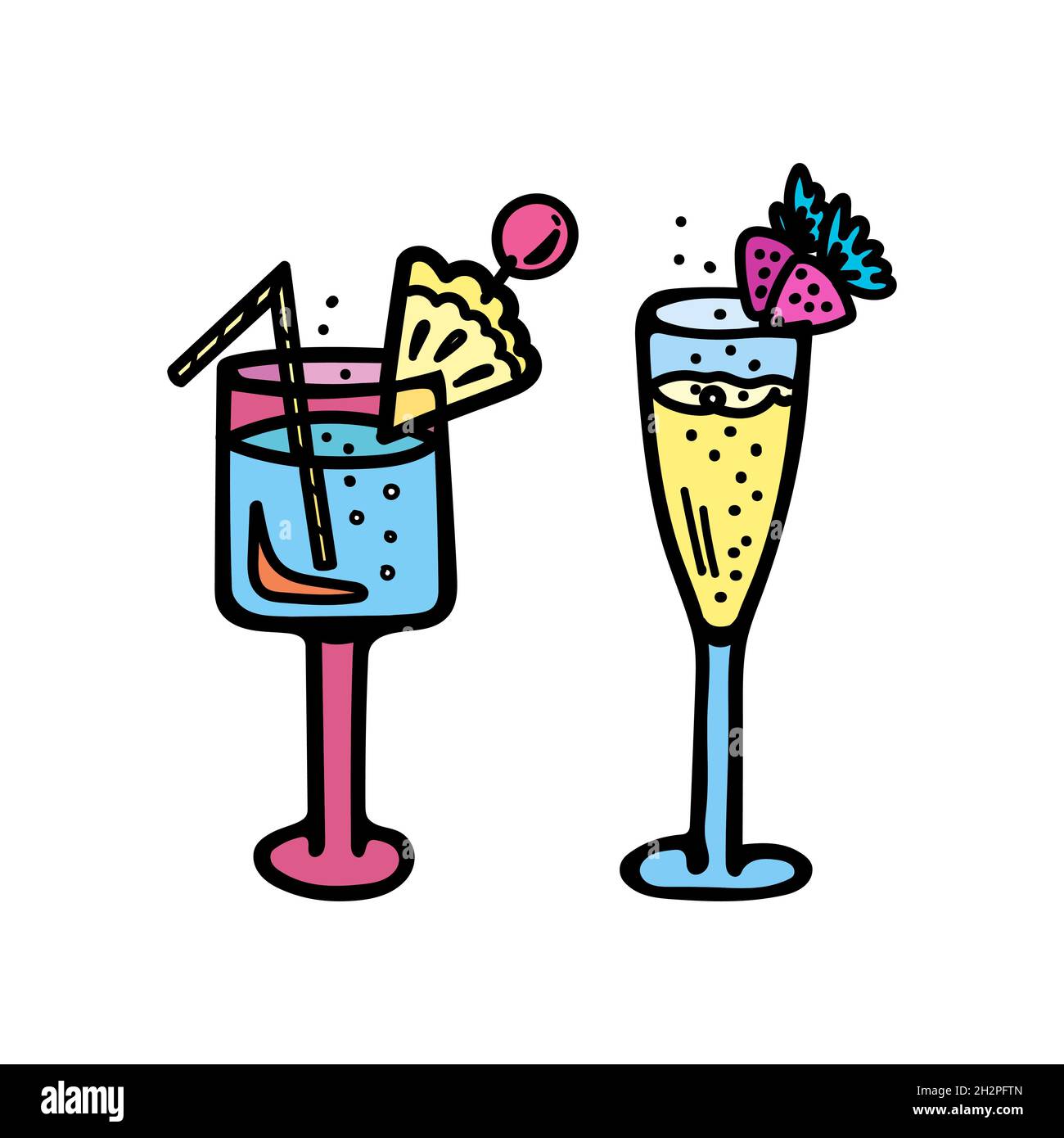 Set di illustrazioni vettoriali a colori di bicchieri di cocktail con bollicine, ananas, fragole e bacche. Illustrazione Vettoriale