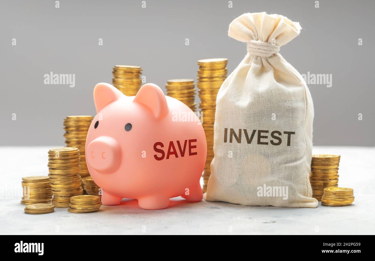 Investimenti o risparmi. Piggy banca di risparmio e borsa di denaro per gli investimenti. Foto Stock