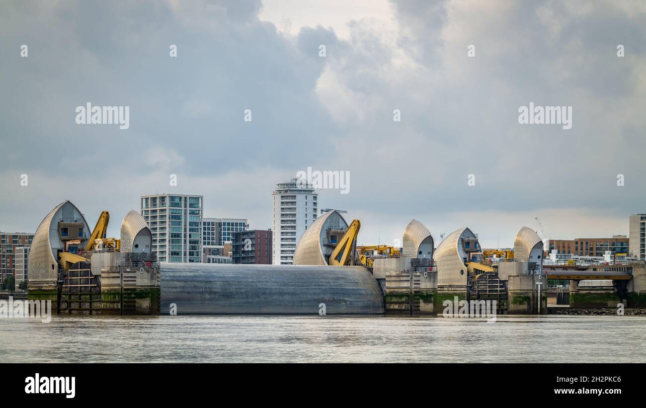 Thames Barrier, River Thames, Londra, Regno Unito Foto Stock