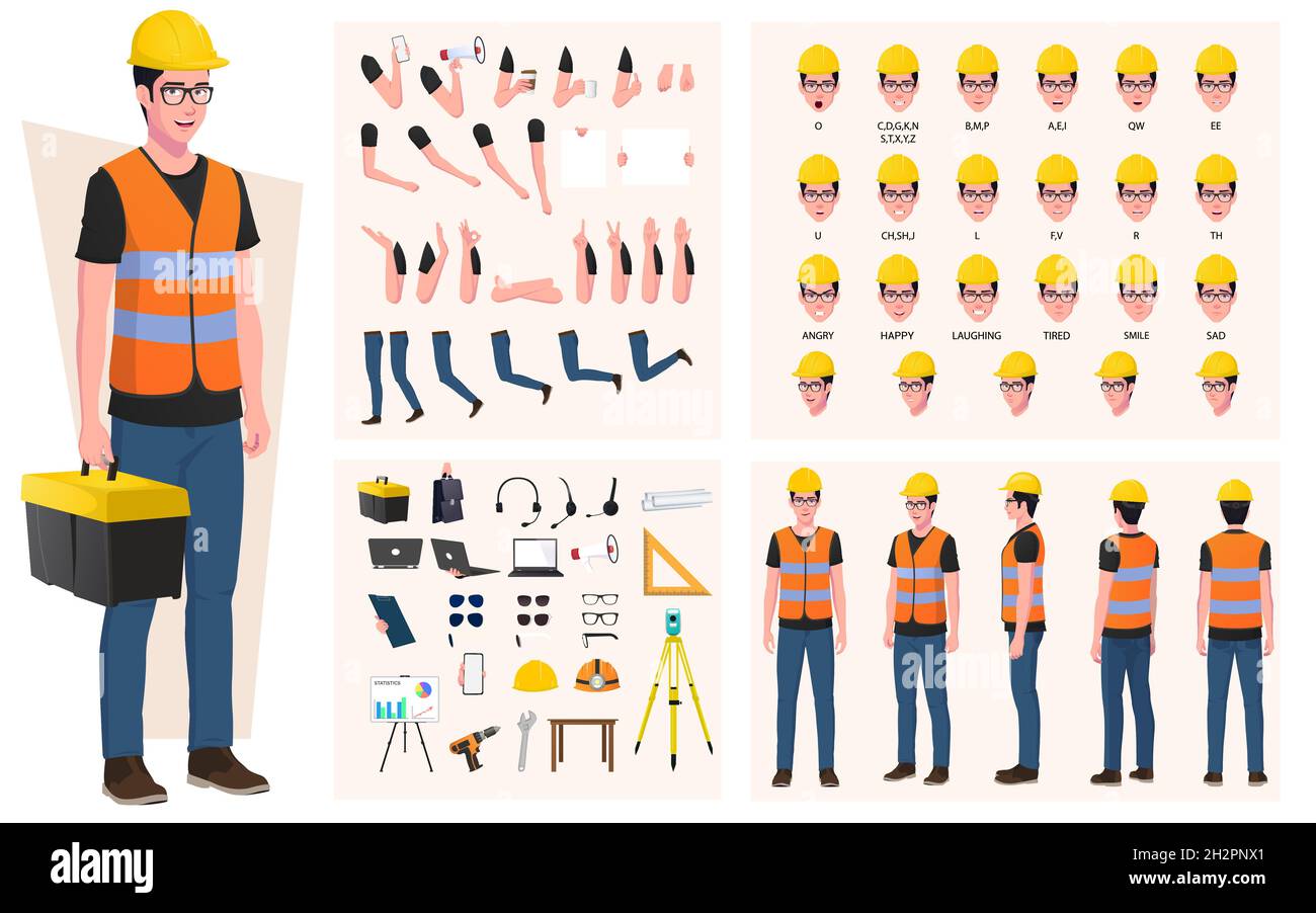 Construction Worker, Engineer Character Creation Pack, con strumenti, attrezzature, gesti ed espressioni facciali. Illustrazione Vettoriale