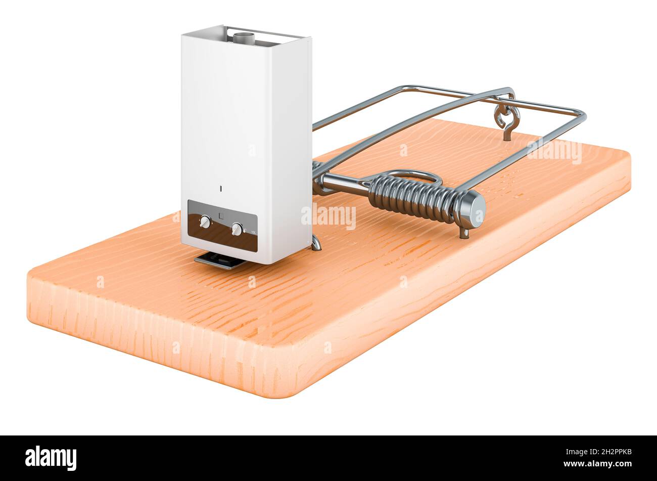Caldaia a gas domestica, scaldabagno all'interno di mousetrap, rendering 3D isolato su sfondo bianco Foto Stock