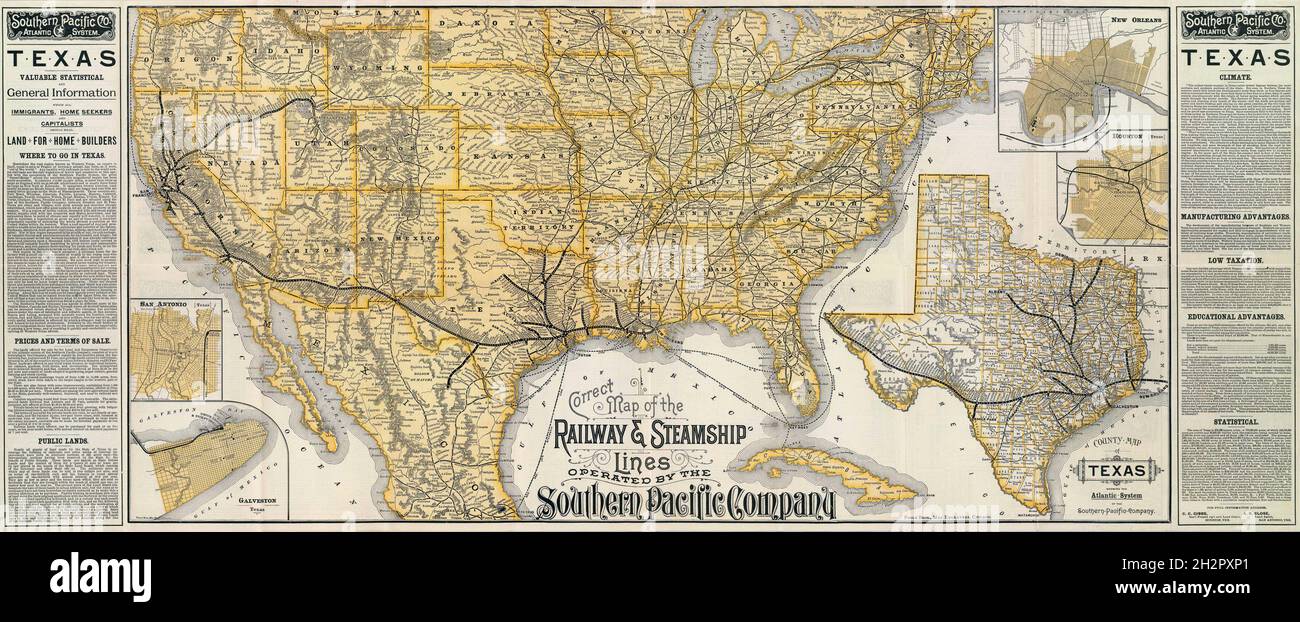 Mappa delle linee ferroviarie e delle navi da vapore operate dalla Southern Pacific Company Foto Stock