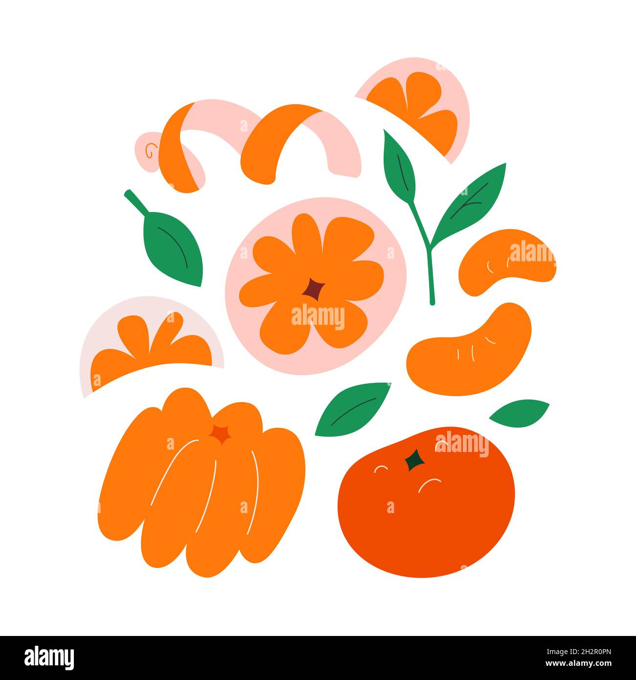 Mandarino o mandarino, fette di frutta clementina sbucciate con foglie, illustrazione di doodle disegnata a mano isolata su bianco, collezione vettoriale clip art Illustrazione Vettoriale