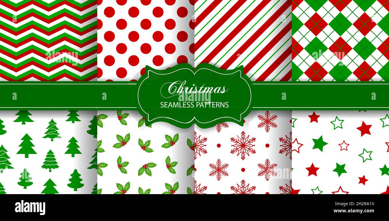 Set di textures di natale senza giunture. Collezione di modelli di natale. Illustrazione Vettoriale