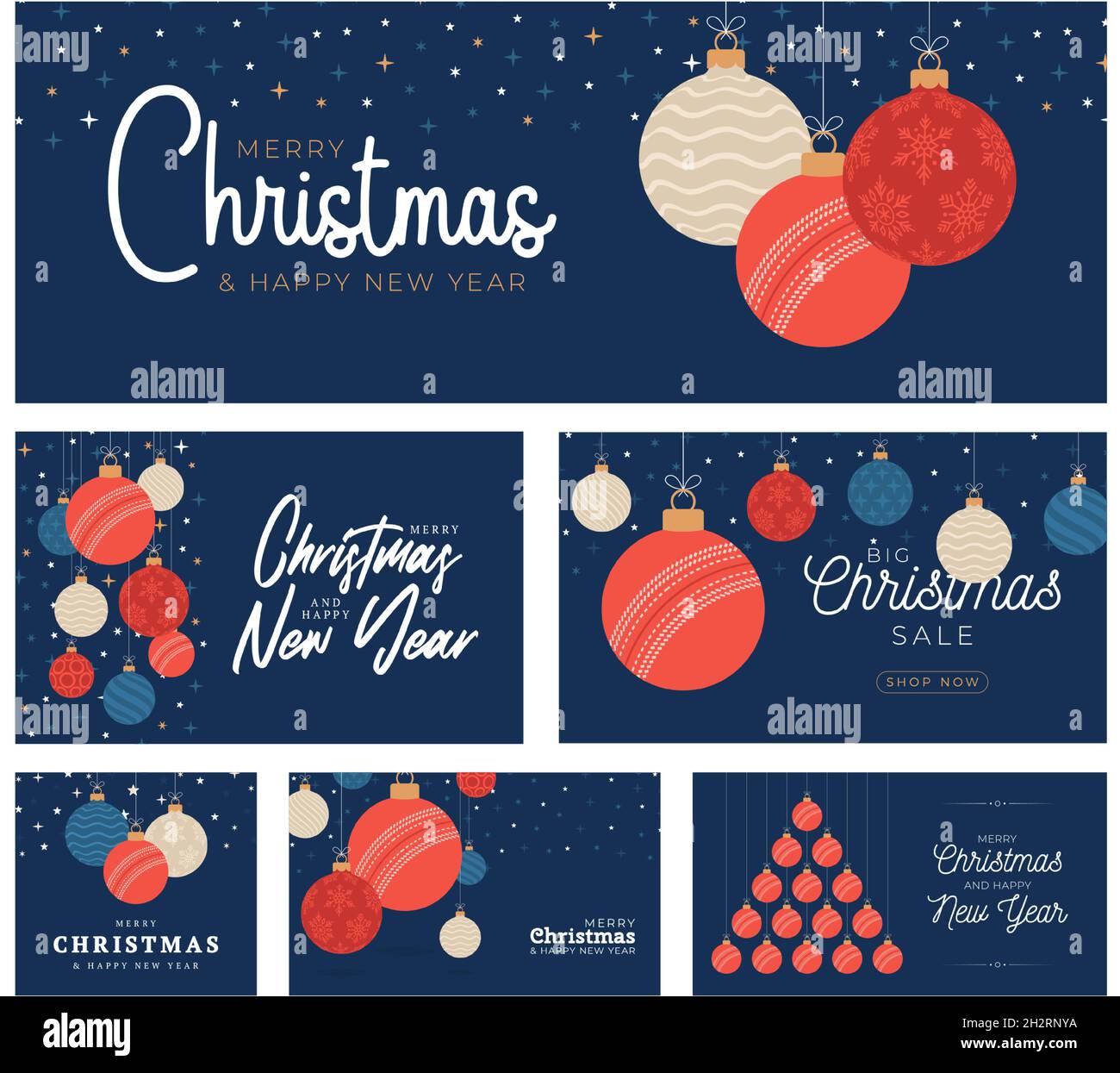 Set di carte di Natale cricket. Allegro biglietto d'auguri piatto per lo sport di Natale. Appendere su una palla di cricket filo come una palla di Natale e bauble colore su sfondo blu Illustrazione Vettoriale