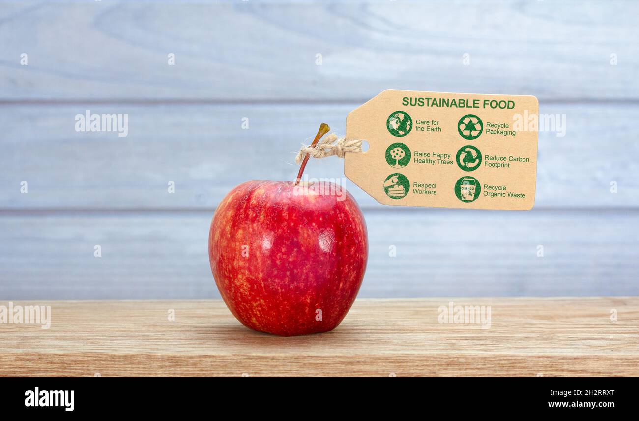 etichetta alimentare sostenibile sulla mela, cura del pianeta, rispetto, riciclaggio, riduzione degli sprechi alimentari, ecologia Foto Stock