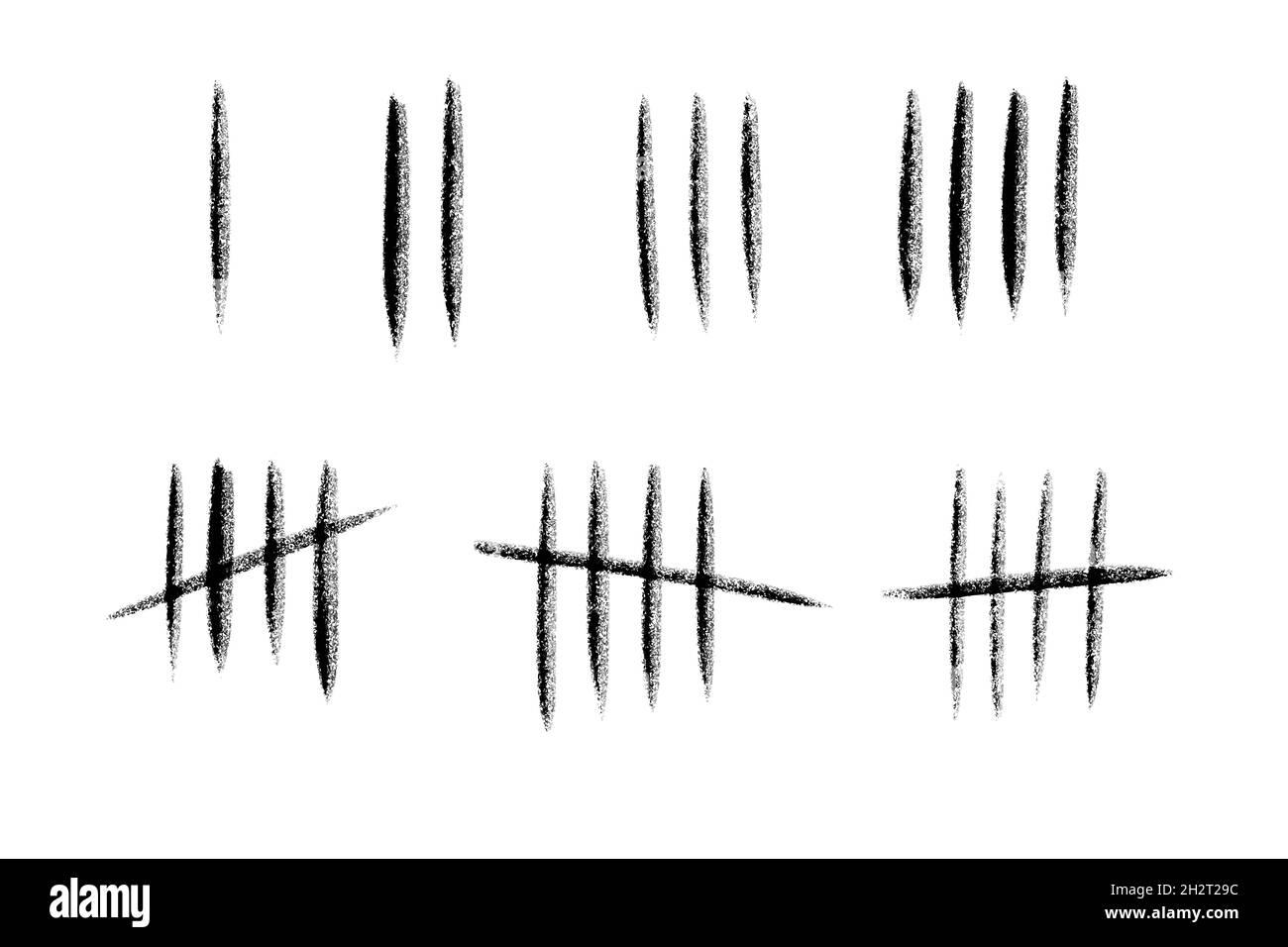 Contrassegnare le linee del numero sul muro. Bastoni disegnati a mano per contare il tempo in prigione. Set di disegni vettoriali. Illustrazione Vettoriale
