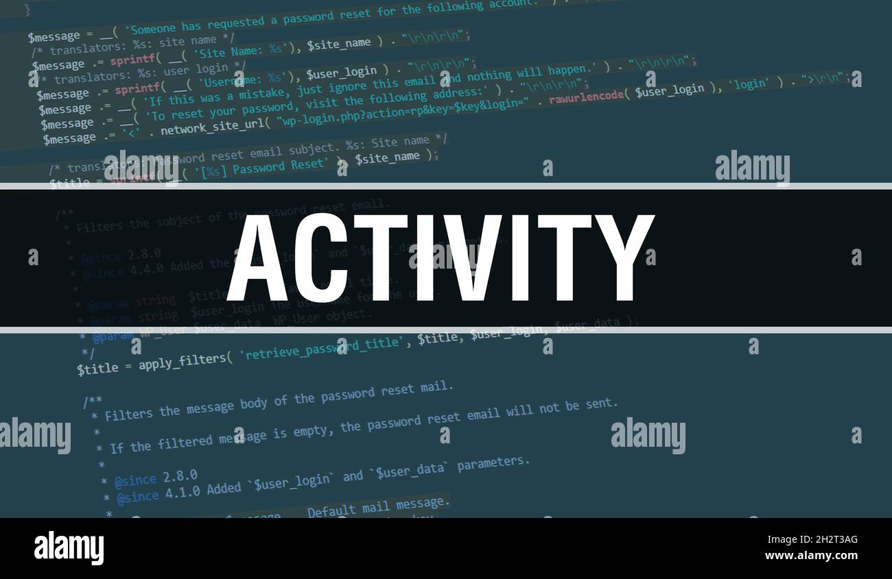 Concetto di attività con parti casuali del codice di programma.testo di attività scritto sul codice di programmazione astratto tecnologia background di sviluppatore di software e. Foto Stock