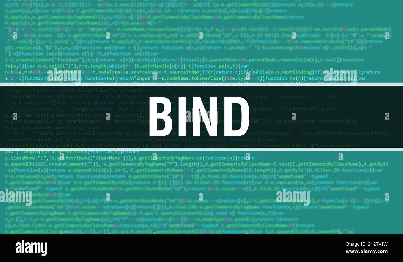 Bind con testo del codice Java digitale. BIND e concetto di vettore di codifica software per computer. Programmazione script di codifica java, codice programma digitale con Bind attivato Foto Stock
