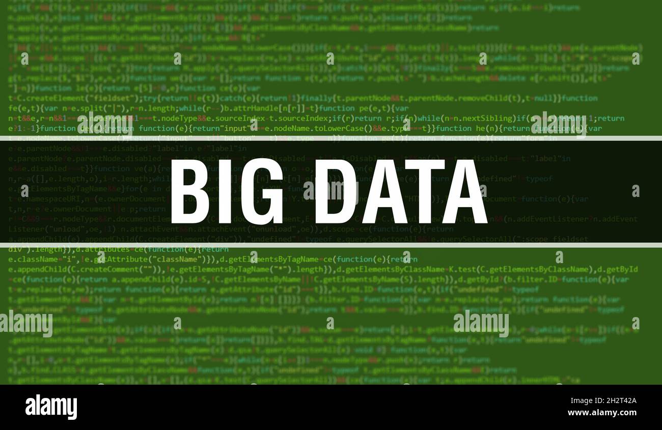 Big data con Digital java code text. Concetto vettoriale di codifica software per computer e big data. Programmazione script di codifica java, codice programma digitale con Foto Stock