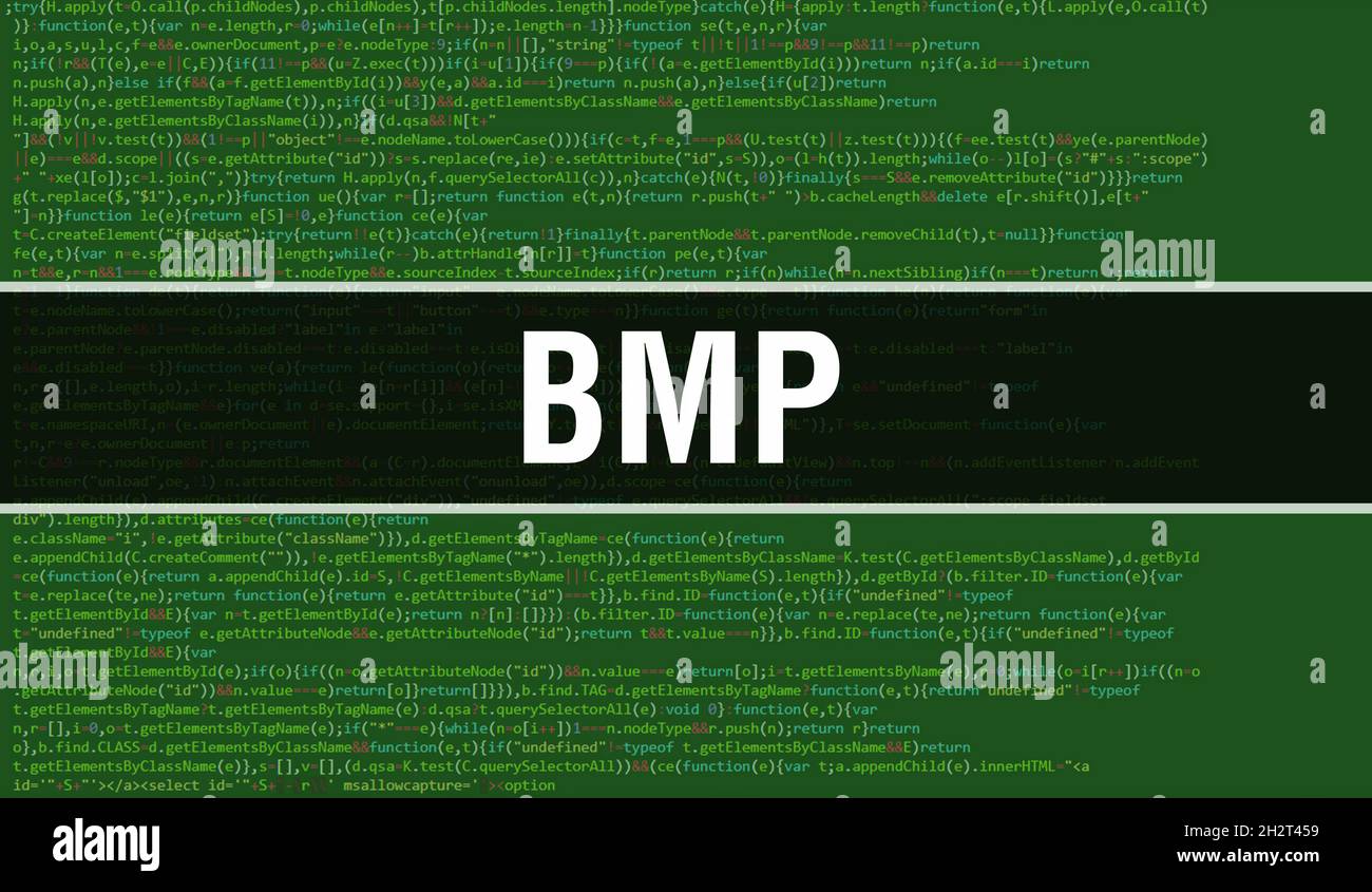 BMP Concept con parti casuali del codice programma. BMP con programmazione codice astratto tecnologia background di sviluppatore software e computer script. BMP Foto Stock
