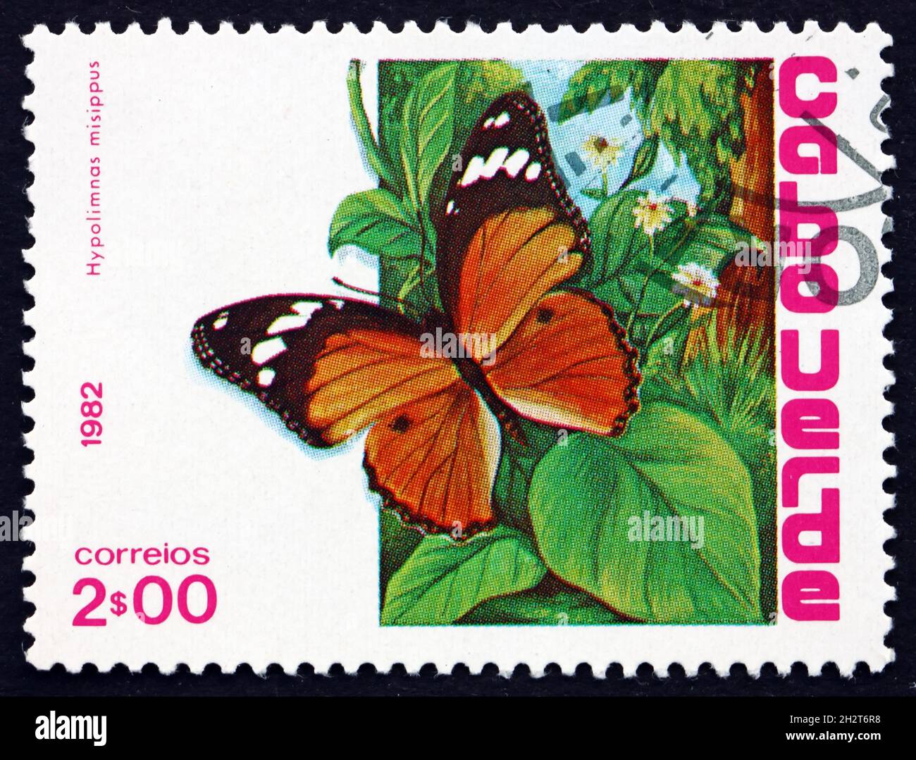 CAPO VERDE - CIRCA 1982: Un francobollo stampato a Capo Verde mostra la mosca danaid, hypolimnas misippus, Butterfly, circa 1982 Foto Stock