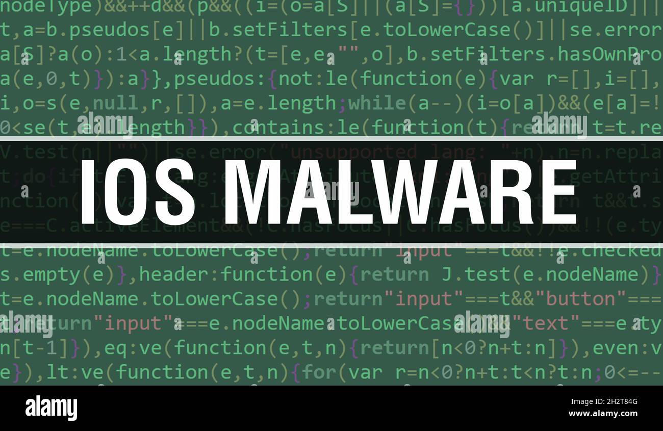 Concetto di malware iOS con parti casuali del codice programma.testo di malware iOS scritto sul codice di programmazione astratto tecnologia background di sviluppo software Foto Stock