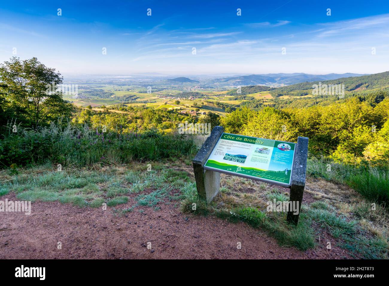 Le Mont Brouilly et le Beaujolais, vue depuis la terrasse de Chiroubles Foto Stock