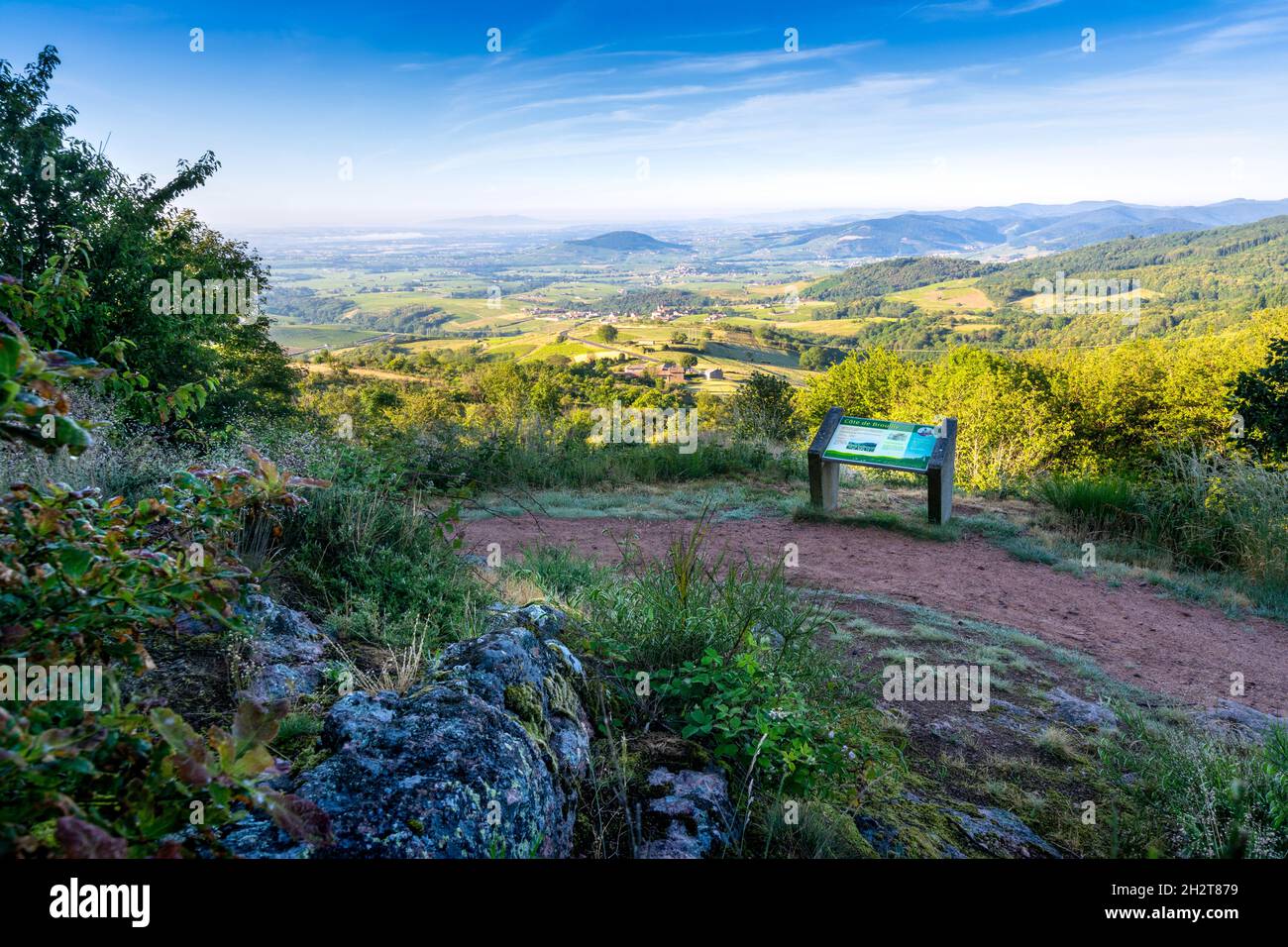 Le Mont Brouilly et le Beaujolais, vue depuis la terrasse de Chiroubles Foto Stock