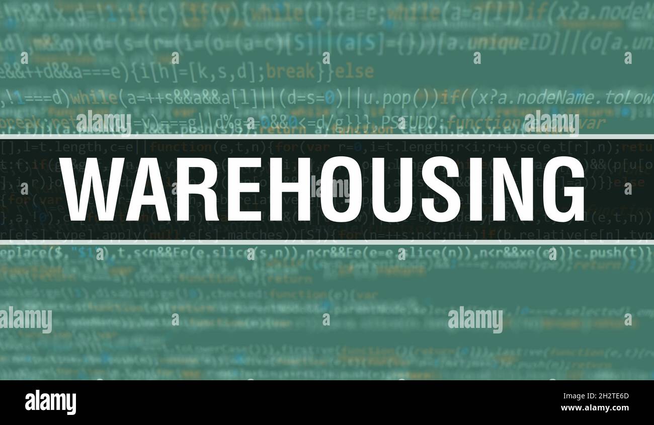 illustrazione del concetto di warehousing utilizzando il codice per lo sviluppo di programmi e app. warehousing codice sito web con tag colorati in vista browser sul retro scuro Foto Stock