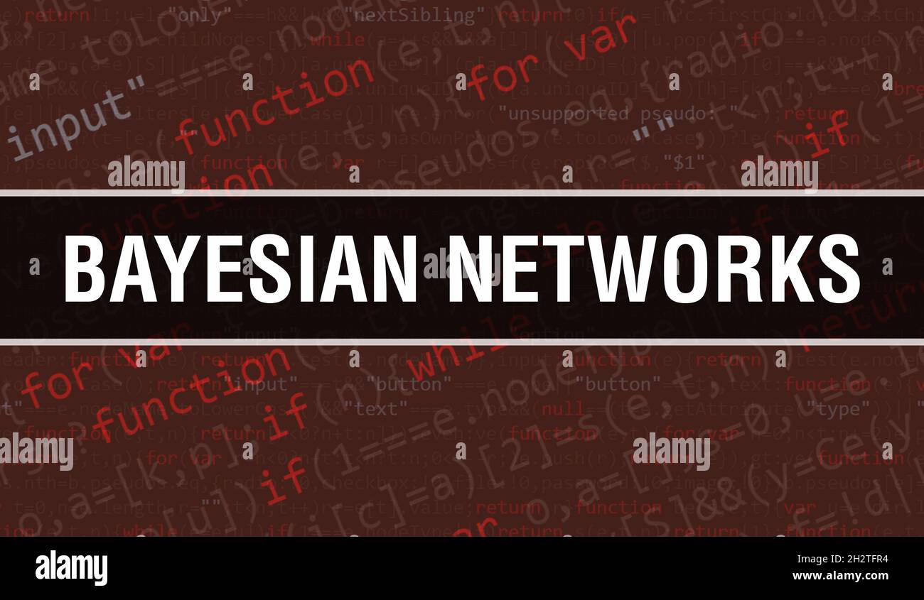 Concetto di reti bayesiane con parti casuali di Program Code.Bayesian reti testo scritto su codice di programmazione astratto tecnologia background di softw Foto Stock