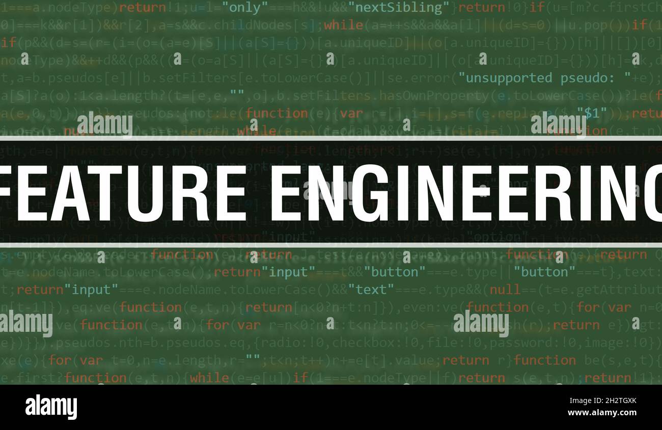 Concetto di ingegneria delle funzioni con parti casuali del codice del programma. Ingegneria delle caratteristiche con codice di programmazione astratto tecnologia background del software de Foto Stock