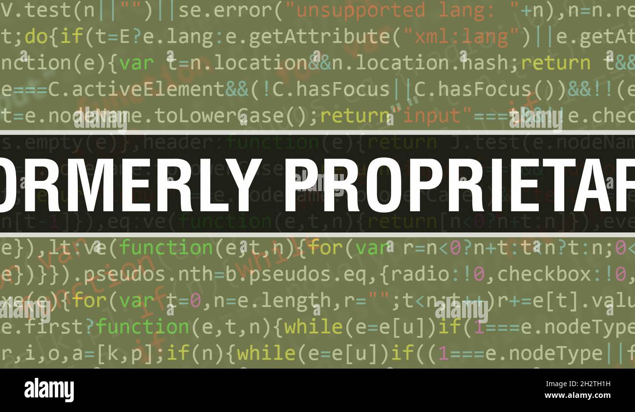 Precedentemente un concetto proprietario con parti casuali del codice di programma.testo precedentemente proprietario scritto sul codice di programmazione astratto tecnologia background di Foto Stock