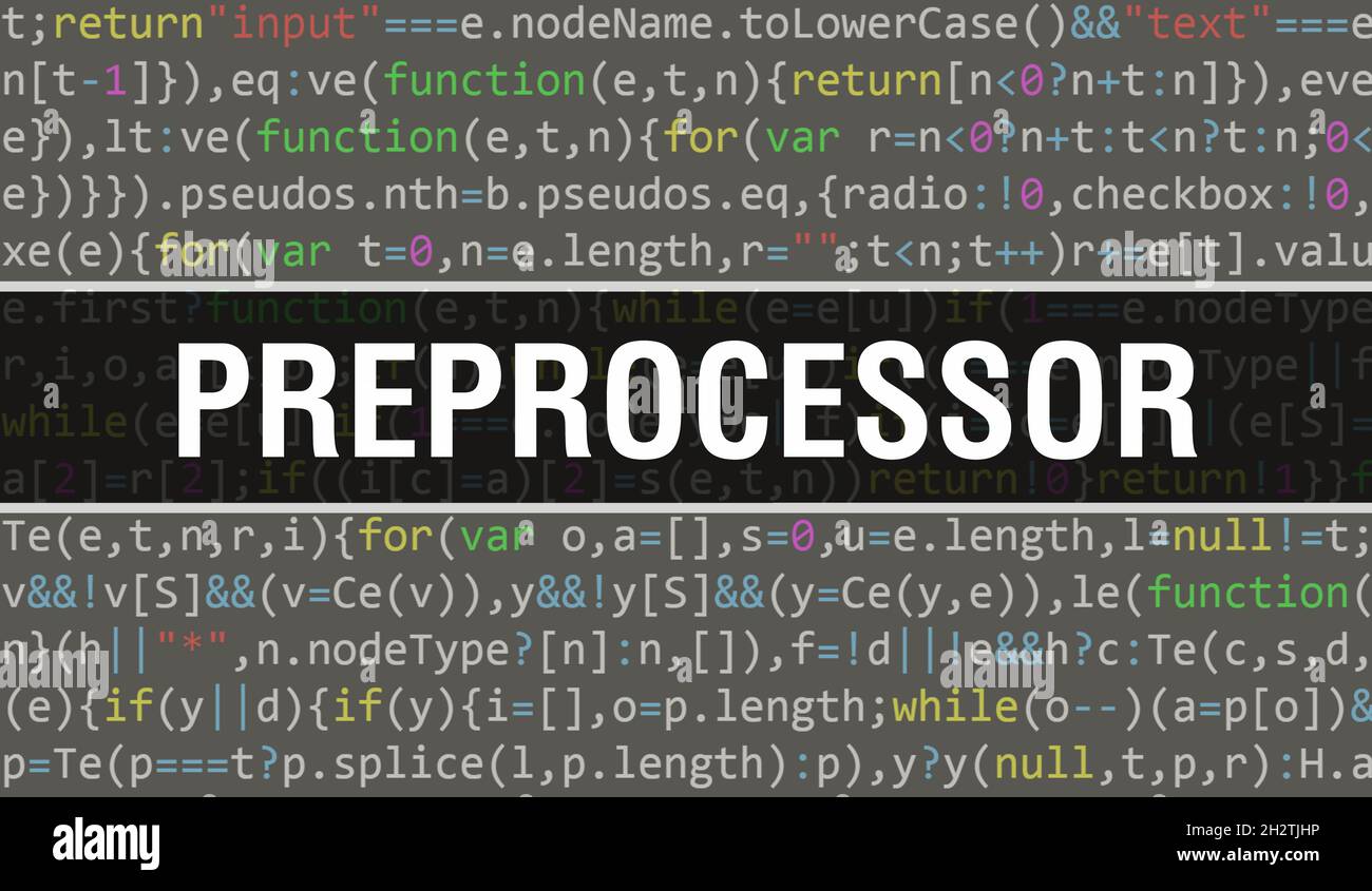 Concetto di preprocessore con parti casuali del codice di programma.testo di preprocessore scritto su codice di programmazione astratto tecnologia background del software develo Foto Stock